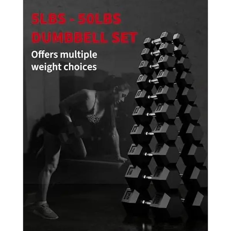 5-50 LB Hex Dumbbell Pair, Rubber Coated Cast Iron, Textured Handle Home Gym