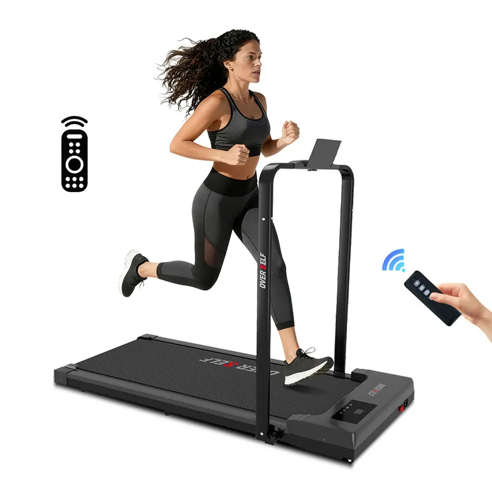 OVER SELF Portable Treadmill with Handlebars - 300 lbs Load Capacity, Foldable Walking Mat with Carpet Protection, Remote Control Exercise Machine, Multifunctional Fitness Equipment