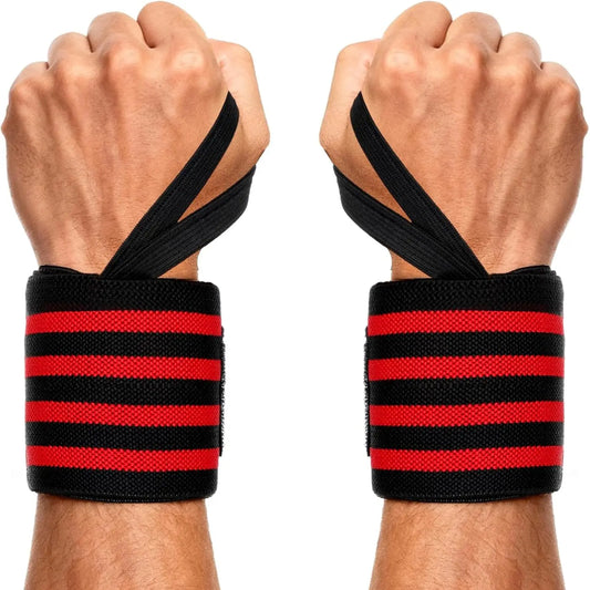 Adjustable 13" Red and Black Wrist Wraps for Weightlifting and Bodybuilding, Featuring 4 Stripes and Long Velcro for Men and Women