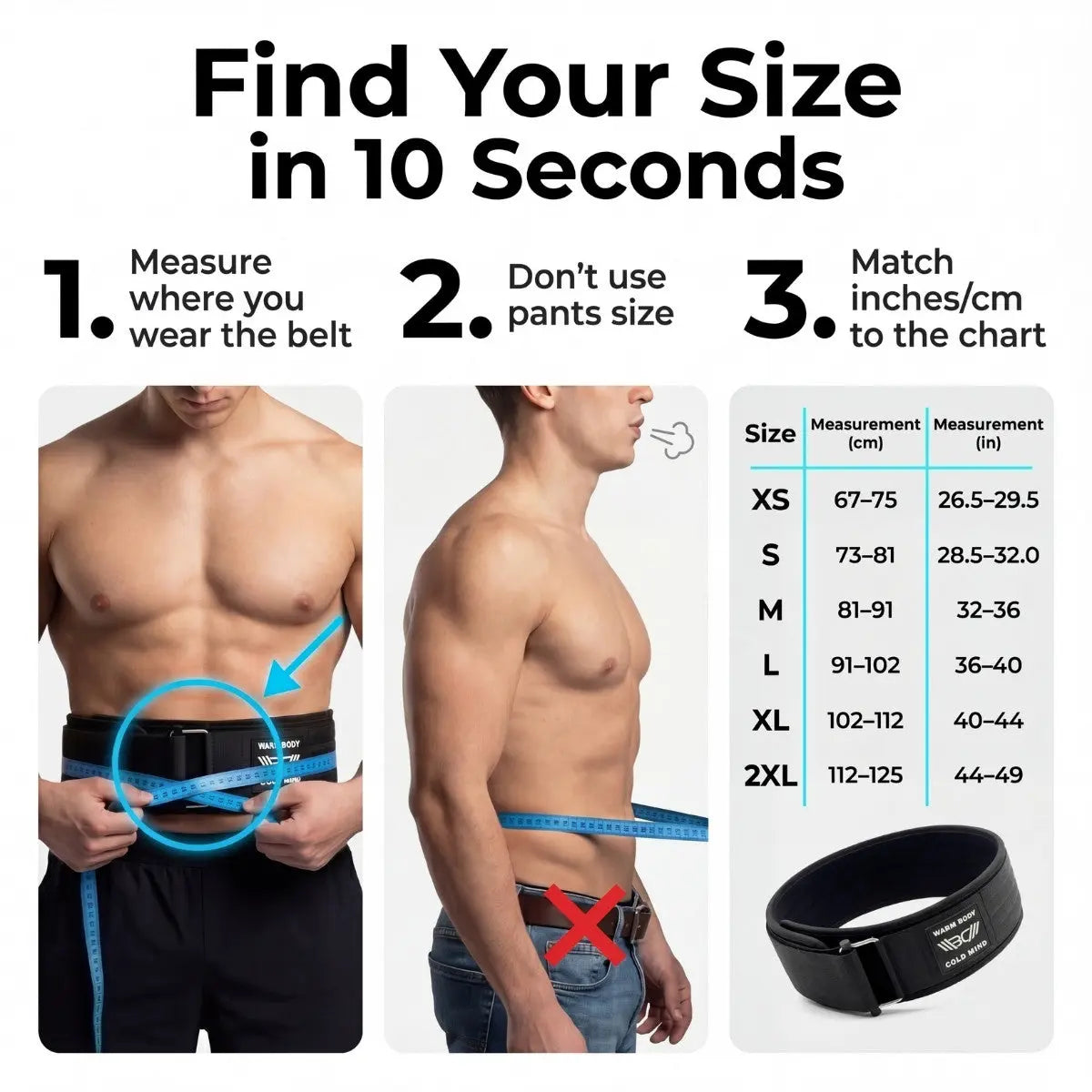 WARM BODY COLD MIND Black Nylon Weightlifting Belt 2.0 with Velcro Strap for Powerlifting and Functional Training - 7mm and 5mm Variations, Lightweight Design for Enhanced Core Stability and Back Support, Quick Adjustable Fit for Gym Sessions