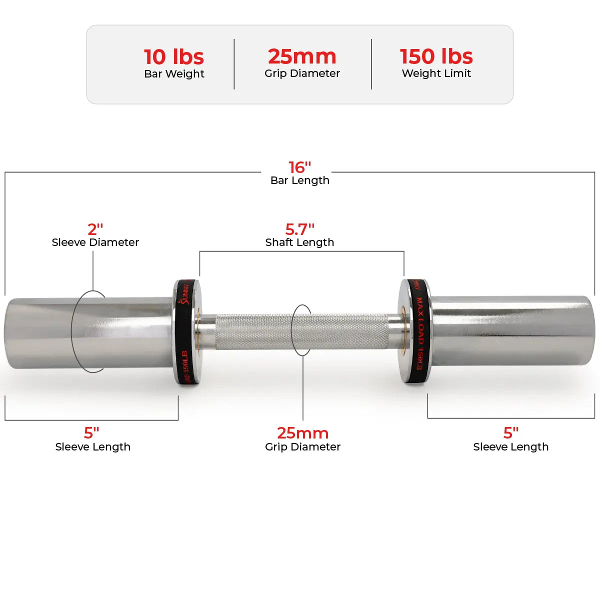 Sunny Health & Fitness Olympic Dumbbell Bar - 16" & 20"