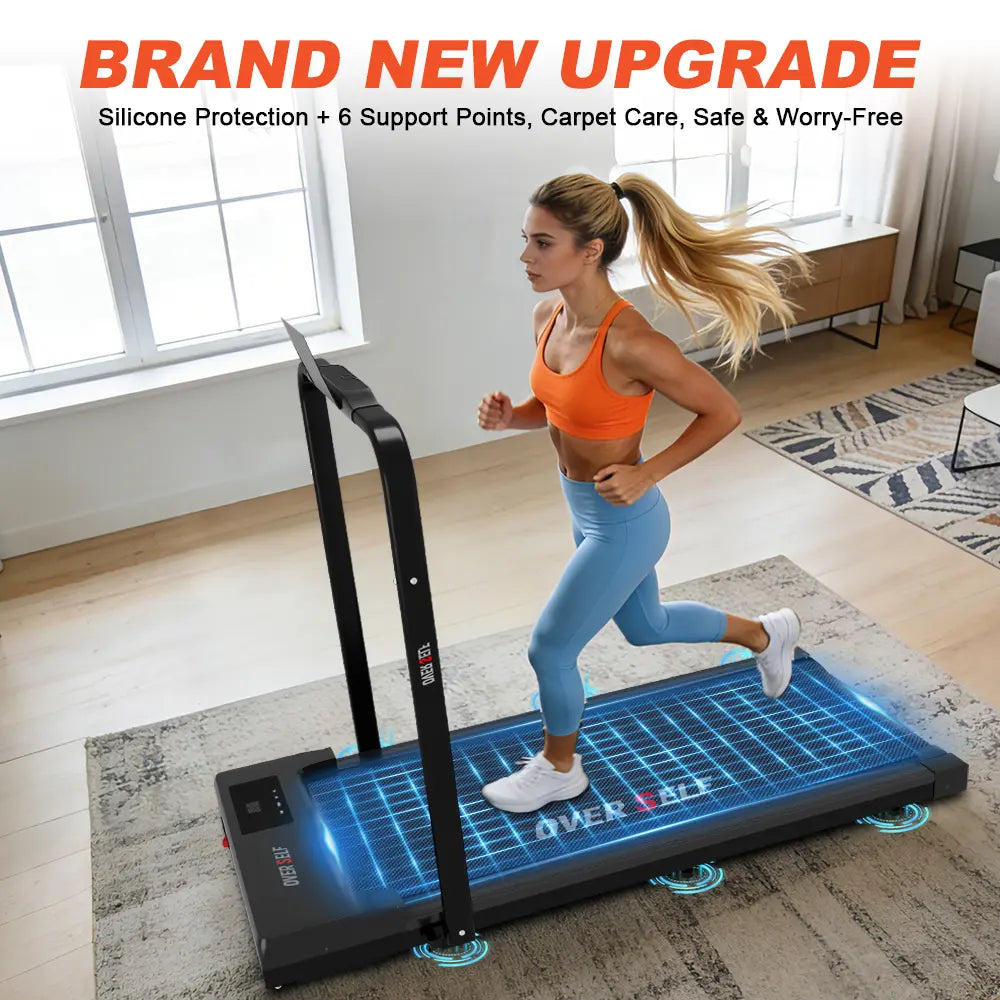 OVER SELF Portable Treadmill with Handlebars - 300 lbs Load Capacity, Foldable Walking Mat with Carpet Protection, Remote Control Exercise Machine, Multifunctional Fitness Equipment