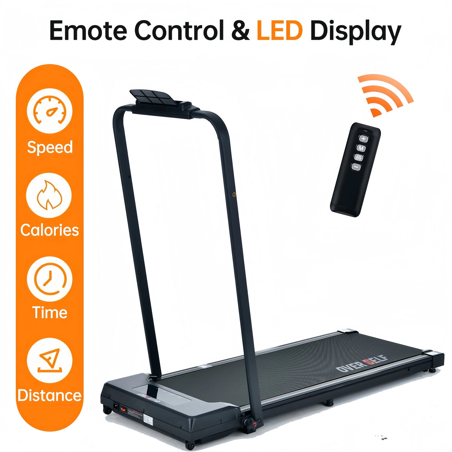 OVER SELF Portable Treadmill with Handlebars - 300 lbs Load Capacity, Foldable Walking Mat with Carpet Protection, Remote Control Exercise Machine, Multifunctional Fitness Equipment