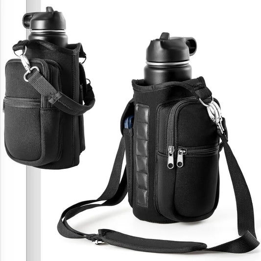 Magnetic Gym Water Bottle Carrier with Phone Pocket, Shoulder Strap, and 6 Built-In Magnets