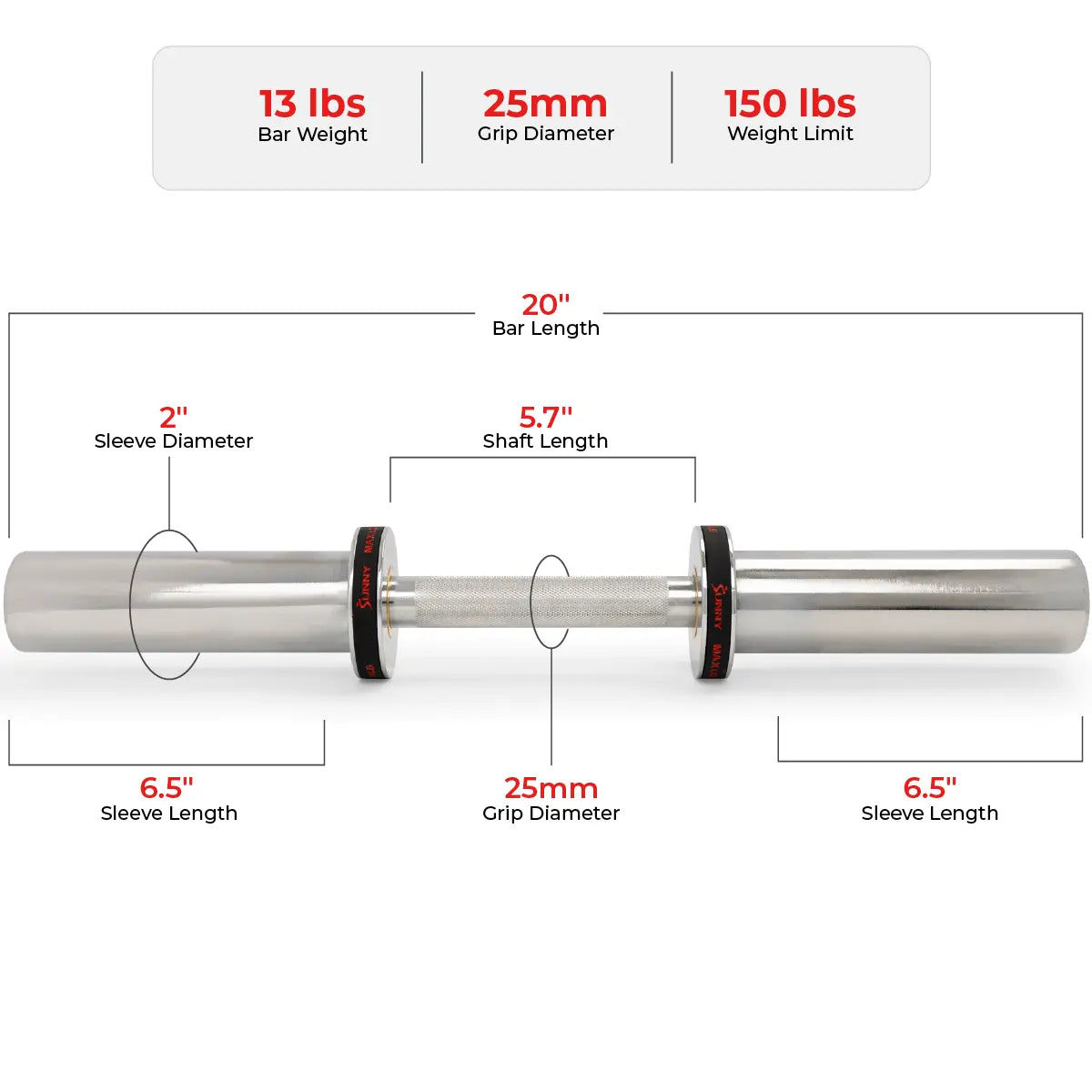 Sunny Health & Fitness Olympic Dumbbell Bar - 16" & 20"