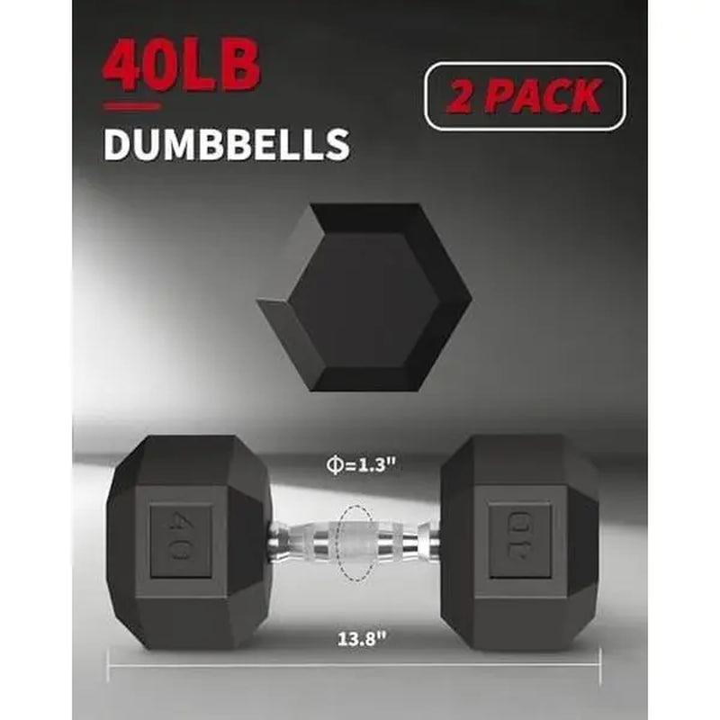 5-50 LB Hex Dumbbell Pair, Rubber Coated Cast Iron, Textured Handle Home Gym