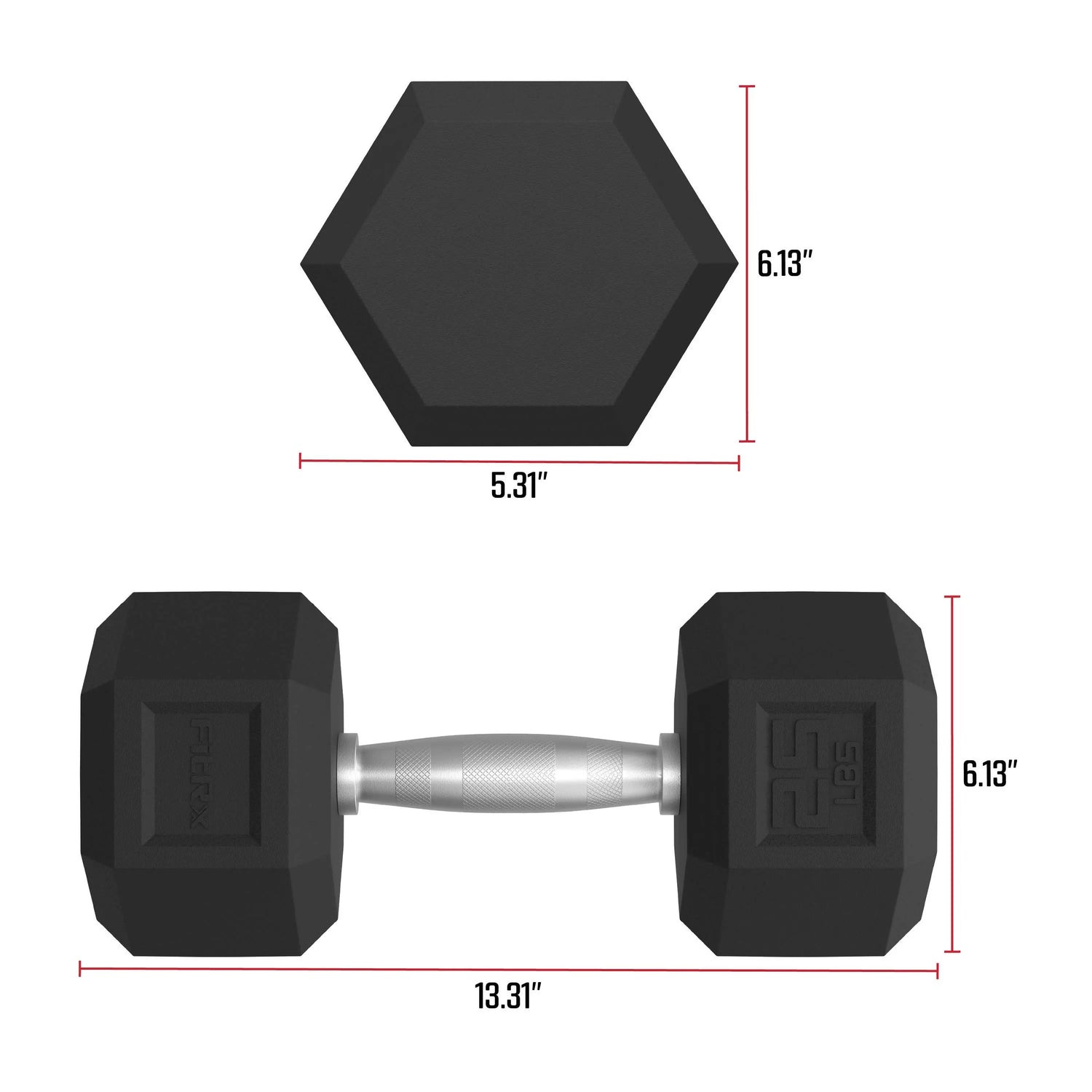 Fitrx 25 lbs Rubber Hex Dumbbell Set - Solid Steel Handles, Durable Rubber Coating, Anti-Roll Design, Pair
